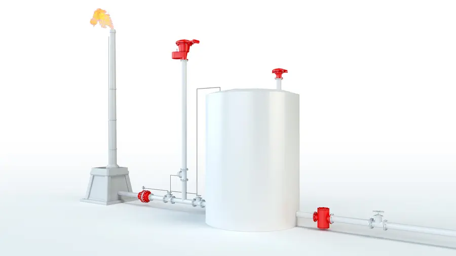 Une image de synthèse en 3D montre un grand réservoir de stockage blanc relié par des canalisations à une torchère d'où s'élève une flamme, avec des appareils de sécurité rouges installés sur les évents et la canalisation.