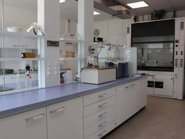 Una mesa de laboratorio limpia con armarios, material de vidrio y una gran campana extractora al fondo.