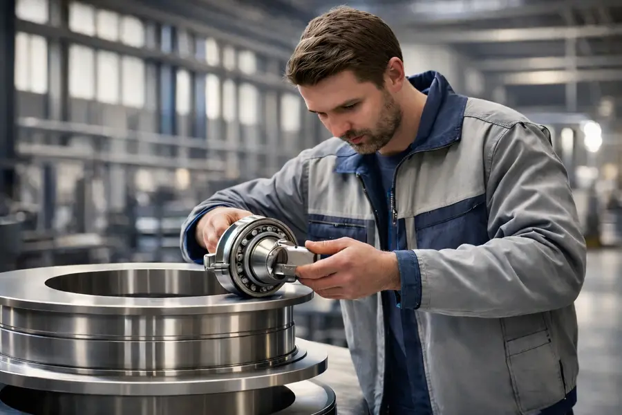 A factory worker carefully installs a large ball bearing into a metal machine part in an industrial workshop.