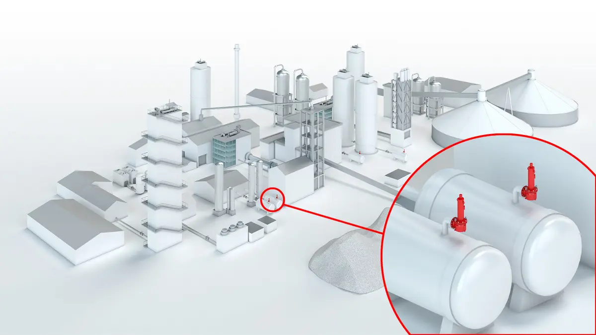 Diagrama de uma instalação de captura e armazenamento de carbono, com destaque para os tanques de armazenamento e os equipamentos integrados.