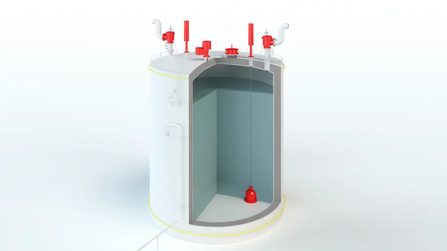 Eine 3D-Darstellung eines vertikalen zylindrischen Lagertanks im Schnitt, die rote Entlüftungs-/Sicherheits-Armaturen auf dem Dach und ein kleines rotes Bauteil am Boden im Inneren des leeren Tanks zeigt.