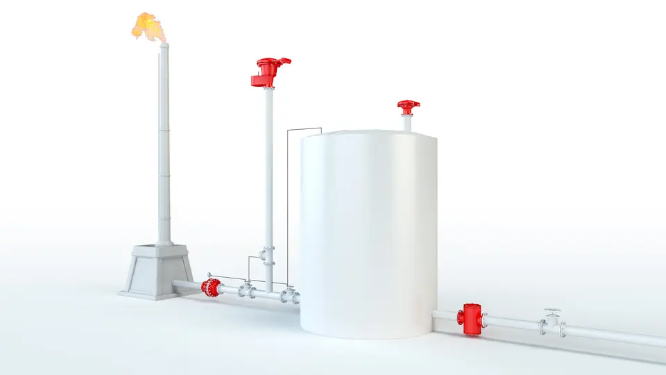 Esquema que muestra equipos OEM y sistemas de protección contra llamaradas, con equipos PROTEGO® integrados.