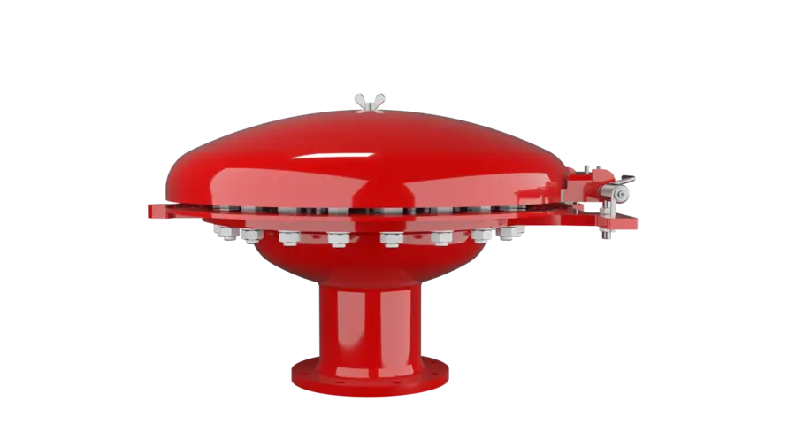A red dome-shaped industrial vent valve on a short pedestal with a bolted rim and side linkage, shown as a 3D render on a black background.