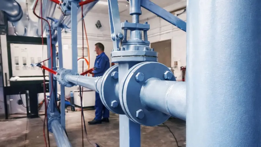 Indoor industrial test setup showing a large blue pipeline with a mounted valve and instrumentation, monitored by a technician in the background.