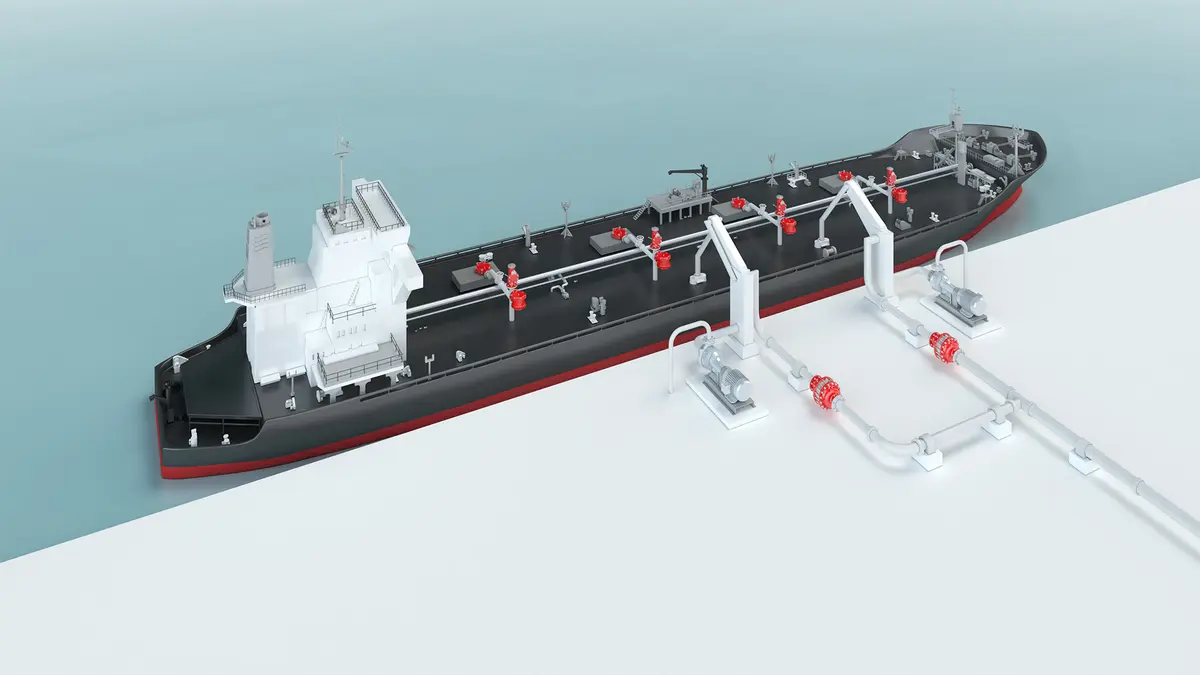 Diagram illustrating oil and chemical tanker systems with PROTEGO® devices at a port station.
