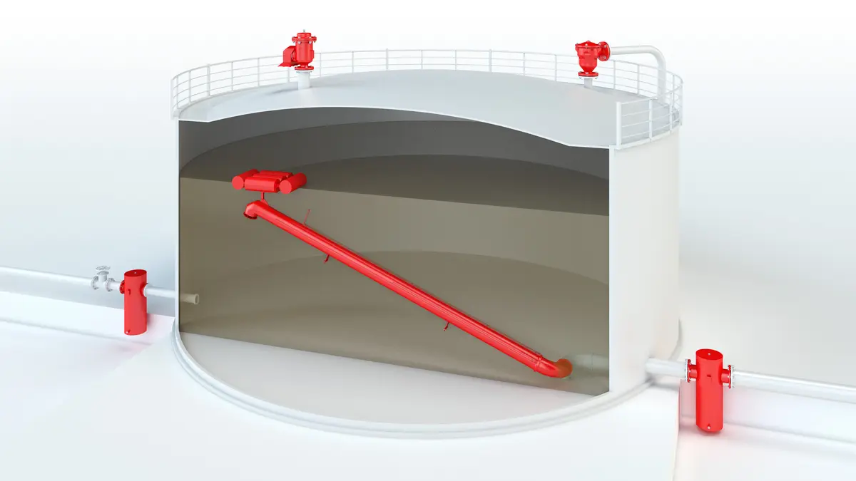 Depósito de almacenamiento de techo fijo equipado con equipos de seguridad PROTEGO® y tuberías internas.