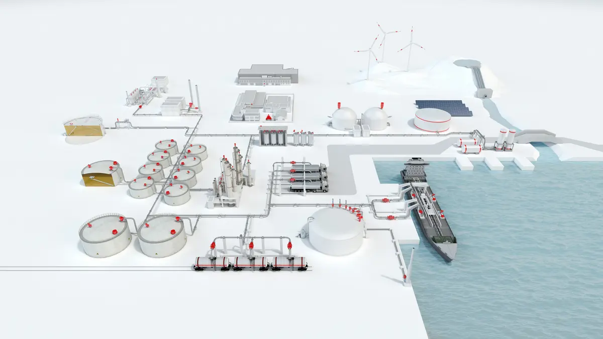 Esquema em 3D de uma instalação industrial costeira com tanques interligados, tubulação e equipamentos de segurança em vermelho, além de um navio atracado e turbinas eólicas ao fundo.