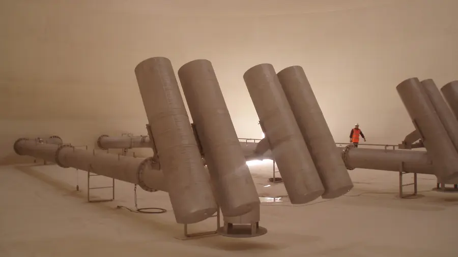 In einem großen Lagertank ragen mehrere große Metallentlüftungsrohre schräg nach oben aus einem Verteiler, während in einiger Entfernung ein Arbeiter in einer orangefarbenen Sicherheitsweste steht.