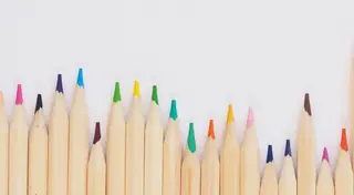 A row of sharpened colored pencils lines the bottom edge of a white background, leaving blank space above.