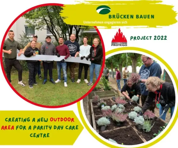 Un collage en forma de cartel titulado «Brücken bauen» y «PROTEGO Project 2022» muestra a un grupo de voluntarios sosteniendo una tabla larga y plantando flores para crear una nueva zona al aire libre para una guardería.