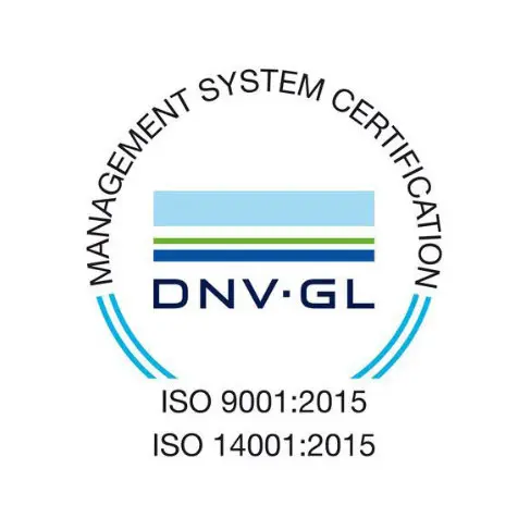 DNV-GL management system certification logos for ISO 9001:2015 and ISO 14001:2015