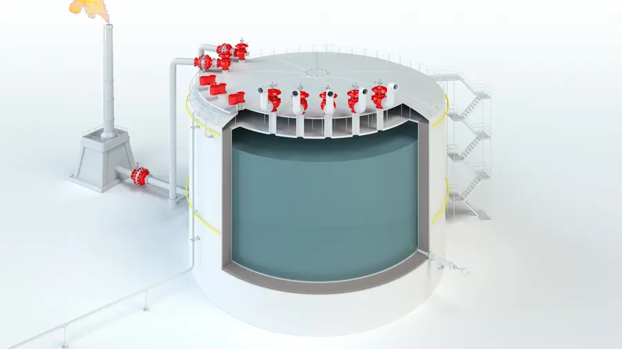 A cutaway 3D rendering of a large cylindrical storage tank filled with liquid, showing multiple red safety valves on the roof connected to a flare stack.