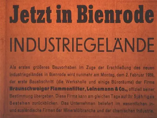 Vintage German newspaper clipping with the headline “Jetzt in Bienrode – Industriegelände,” announcing a new industrial site and factory building.