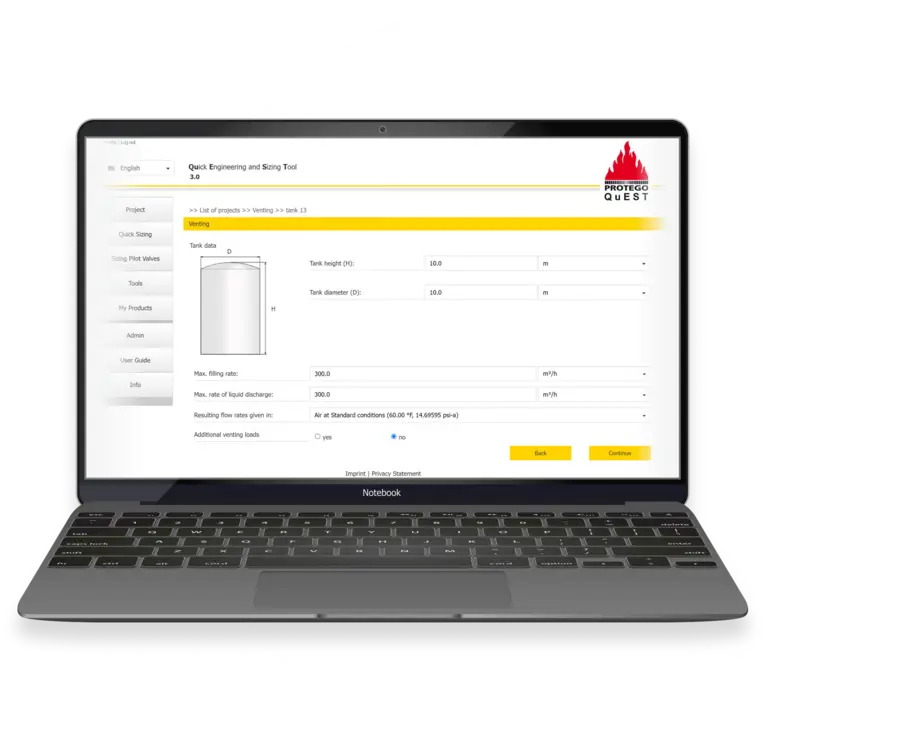 Laptop screen displaying the Protego Quest engineering and sizing software interface with tank venting parameters and input fields visible.