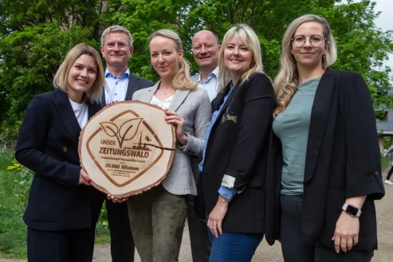 PROTEGO® supports the Newspaper Forest with 20,000 trees—reforesting ~5 hectares in the Harz with Lower Saxony State Forests and sequestering ~40 t CO₂/year.