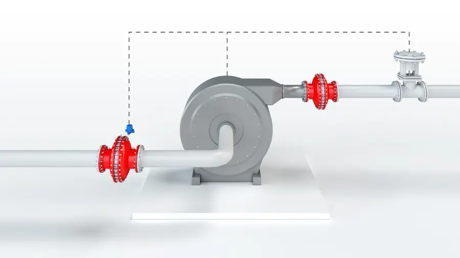 A 3D rendering shows an industrial fan connected to piping, with red inline safety devices on both sides and dashed lines indicating monitoring or control connections.
