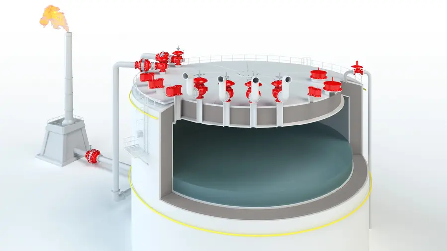 A cutaway 3D rendering of a large cylindrical storage tank with a floating roof, showing multiple red vent/safety devices on top connected by piping to a flare stack.