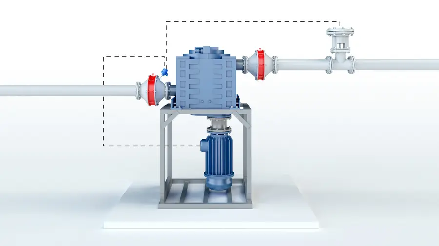 A 3D rendering shows a blue industrial blower or compressor on a metal frame connected to piping, with red inline safety devices on both sides and dashed boxes indicating monitored sections.
