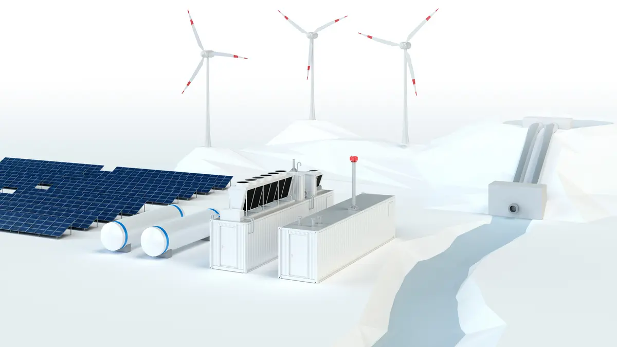 A 3D rendering of an energy site with solar panels, container units, wind turbines, and a dam-like structure connected by a channel.