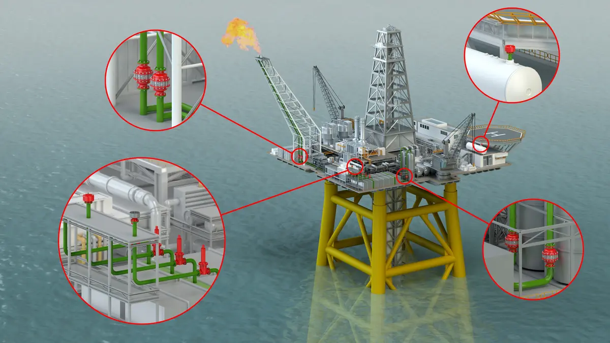 Offshore oil rig with PROTEGO® safety devices installed at various points for optimal protection and operation.