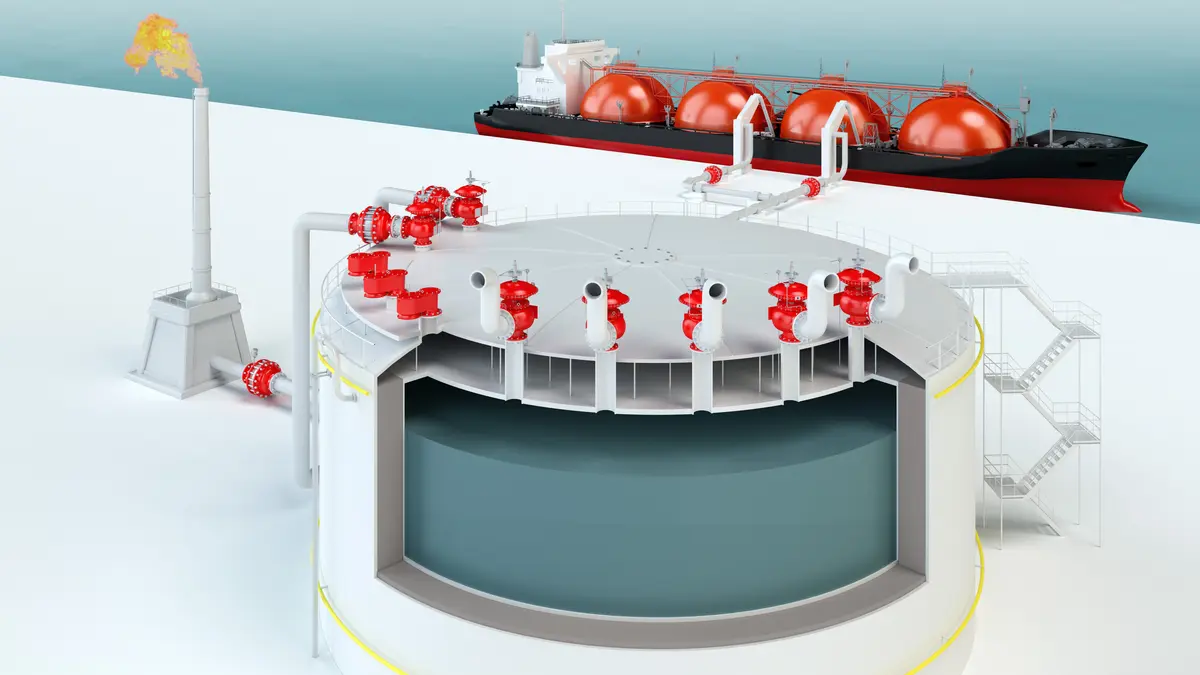 Refrigerated and cryogenic LNG storage tank equipped with various PROTEGO® safety devices.