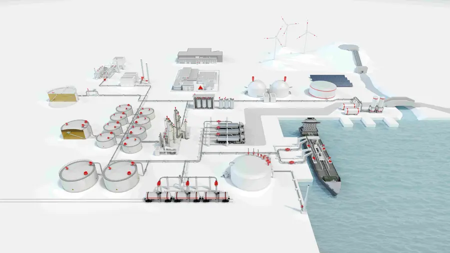 Eine Industrieanlage mit Lagertanks, Verarbeitungsanlagen, Windkraftanlagen und einem vor Anker liegenden Schiff am Meer.