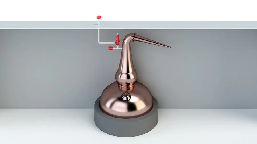 A 3D rendering shows a copper pot still under a roof, connected to overhead piping with small red safety vent valves.