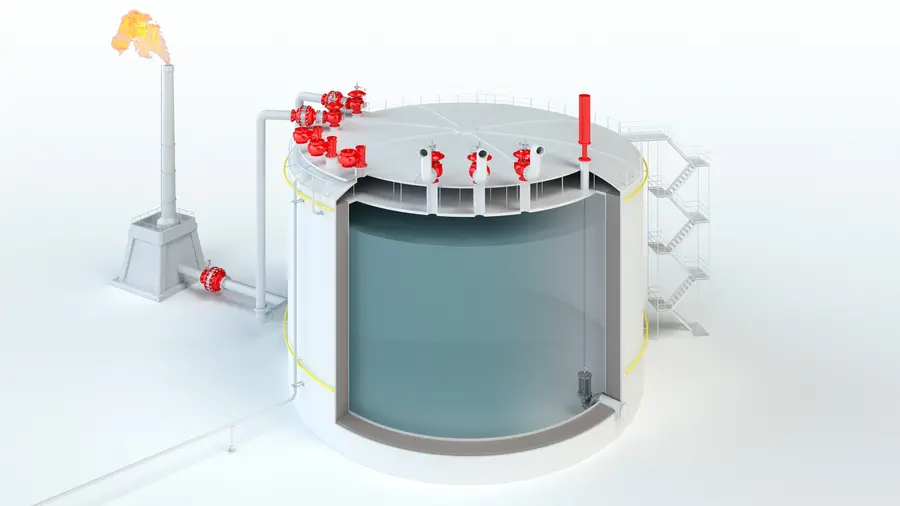 A cutaway 3D rendering of a large storage tank filled with liquid, showing red vent/safety devices on the roof and piping leading to a flare stack with a flame.