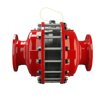 An industrial pipeline with a large bolted pressure vessel and gauges sits on a waterfront platform,A red flanged inline valve device with a transparent central section and bolts is shown as a 3D render on a black background.with a cargo ship in the background.