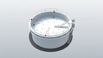 Uma renderização 3D de um tanque de armazenamento circular aberto, com passarela e corrimão, mostrando setas vermelhas que indicam os percursos internos do fluxo ou pontos de circulação.