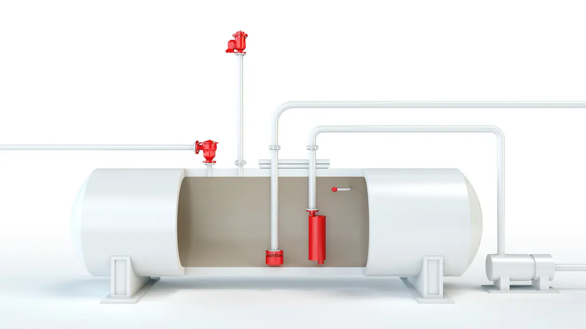 Horizontal storage tank equipped with PROTEGO® devices for industrial applications.