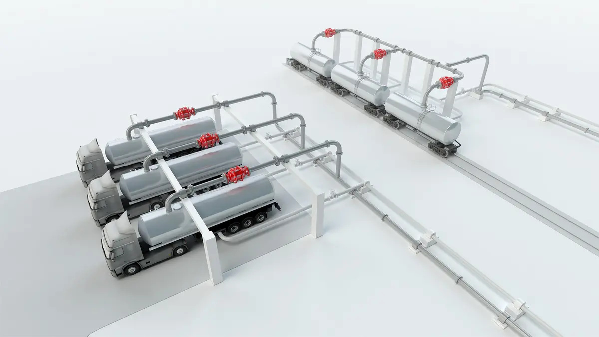 Schematische Darstellung der Dampfrückführungsleitungen und der Schutzvorrichtungen für Verladesysteme, dargestellt anhand von Lkw und Eisenbahnwaggons, die mit PROTEGO®-Armaturen ausgestattet sind.